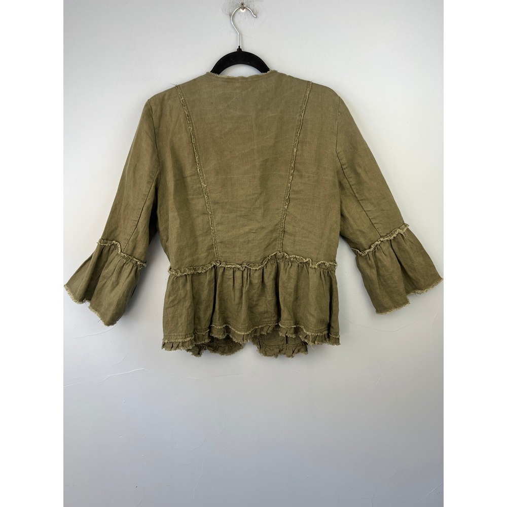 INC Olive Green Linen Jacket Size L Peplum Hem Lagenlook Coastal Minimalist - Picture 7 of 7